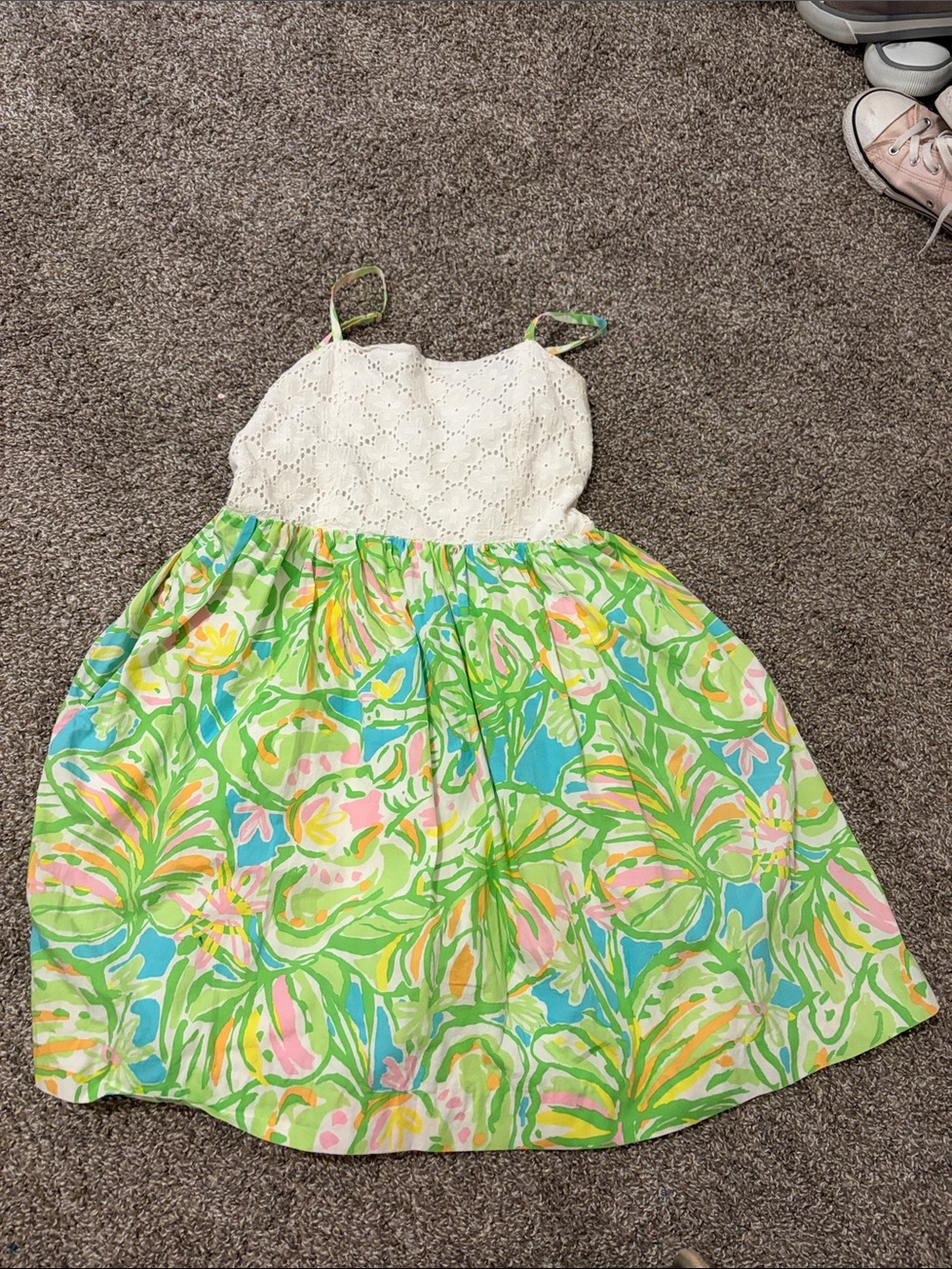 Lilly Pulitzer White Eyelet Top Tropical Print Dress - Green Multicolor